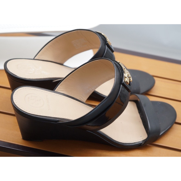 Tory Burch Women’s Black Leather Slide Wedges SZ 9 - Picture 13 of 16